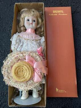 Brinn's Collectible Porcelain Doll Joy Pink Dress with Hat and Stand inBox